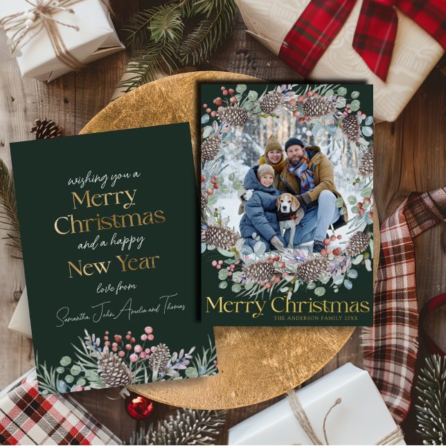 Elegant Real Gold & Botanical Merry Christmas Foil Holiday Card (Creator Uploaded)