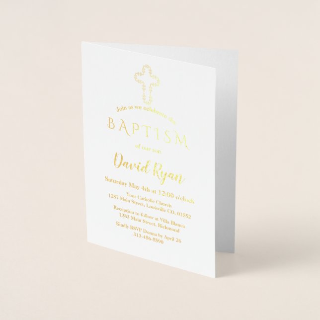 Elegant Real Gold Foil Boy Baptism Invitation (Front)