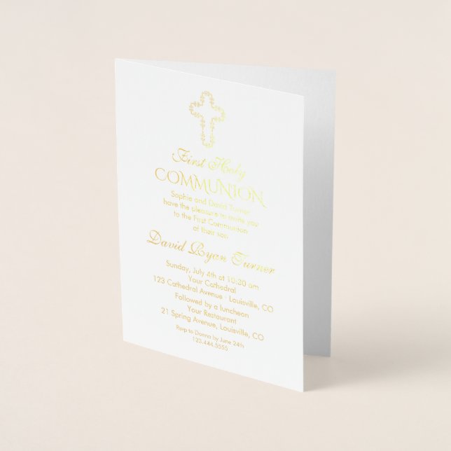 Elegant Real Gold Foil Boy First Holy Communion Card (Front)
