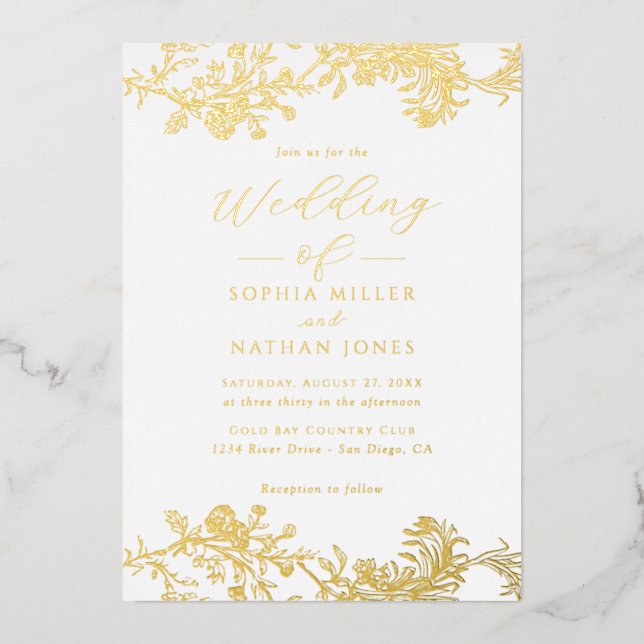 Elegant Real Gold Foil Floral Lace Script Wedding  (Front)