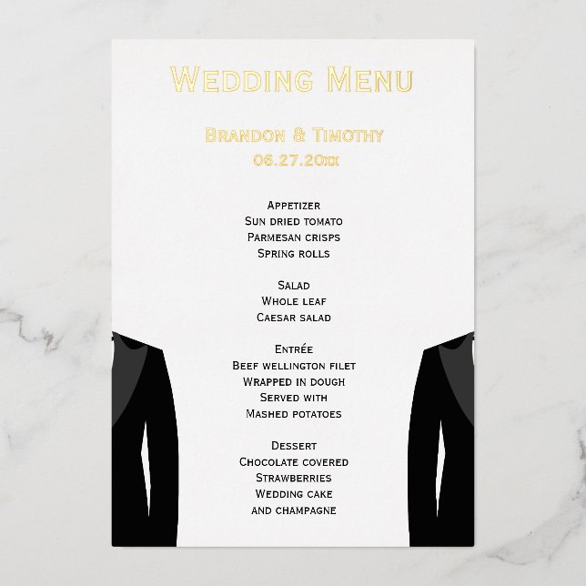 Elegant Real Gold Foil Gay Wedding Menu Cards (Front)