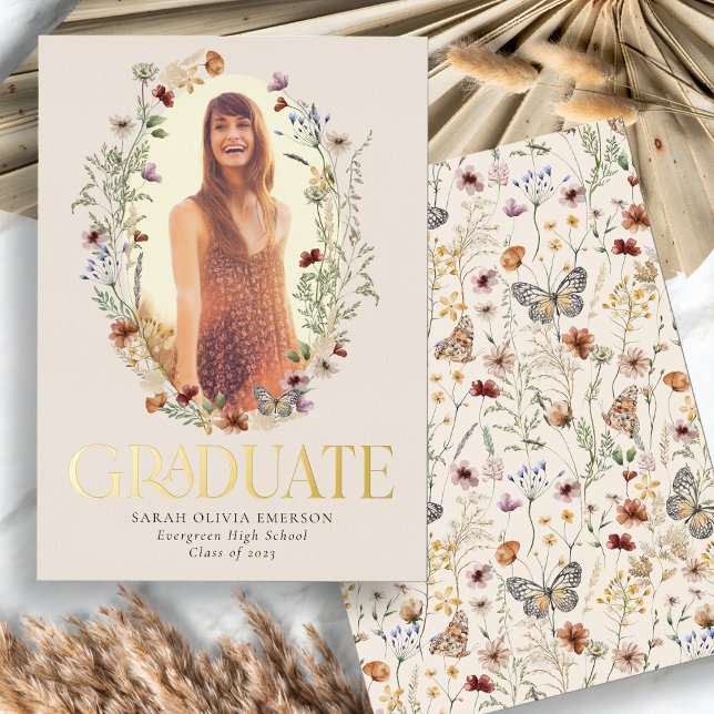 Elegant Real Gold Foil Graduate Announcement (Elegant Floral Real Gold Foil Graduate Announcement with Butterfly by Painted Paperie
)