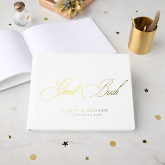 Elegant Real Gold Foil & White Wedding Guest Book