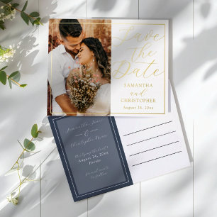 Elegant Real Gold & Photo Save the Date Wedding Foil Holiday Postcard