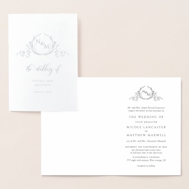 Elegant Real Silver Foil Monogram, Formal Wedding Foil Card (Display)