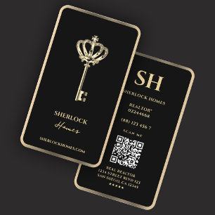 Elegant Realtor Crown Key Black Faux Gold Trim  Business Card