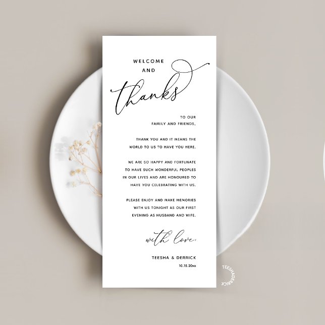 Elegant Reception "Welcome and Thanks" Guest Card (Elegant Wedding Reception "Welcome and Thanks" Table Card for Guest in Black White)