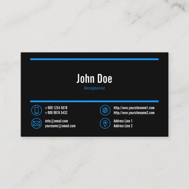 Elegant Receptionist Logo Blue Lines Icons Black Business Card (Front)