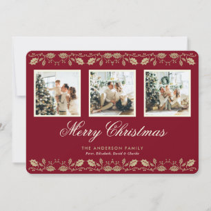 Elegant Red 3 Photo Merry Christmas Cards