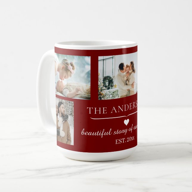 Elegant Red 5-Photo Family Collage Custom Coffee Mug (Front Left)