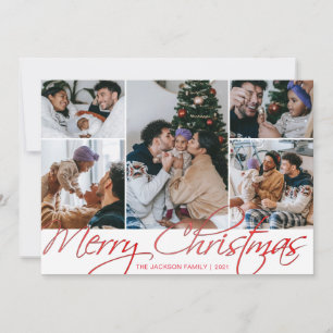 Elegant Red 5 Photo Merry Christmas Photo Card