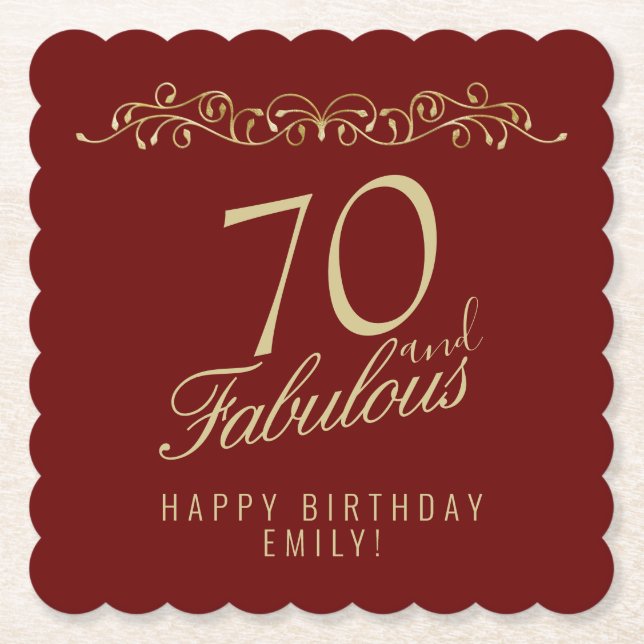 Elegant Red 70 and Fabulous 70th Birthday Party Paper Coaster (Front)