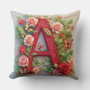 Elegant Red A Letter Made of Roses and Vines Cushion