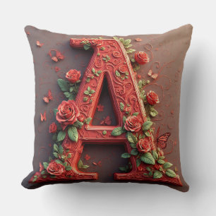 Elegant Red A Letter Made of Roses and Vines Cushion