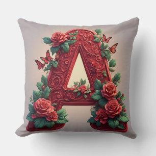 Elegant Red A Letter Made of Roses and Vines Cushion
