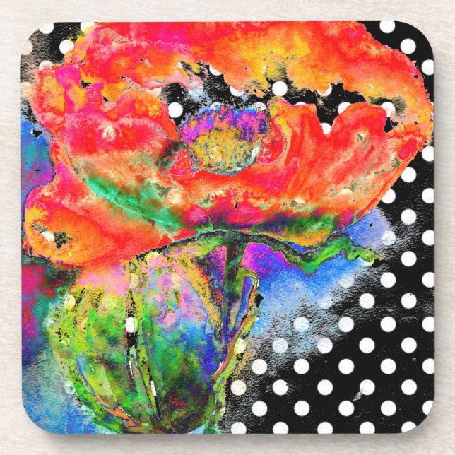 Elegant red abstract floral watercolor painting coaster (Front)