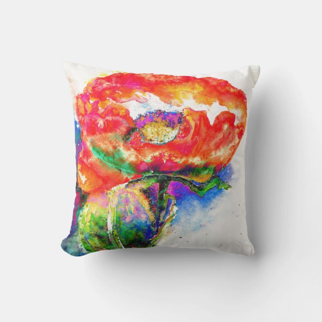Elegant red abstract floral watercolor painting cushion (Front)