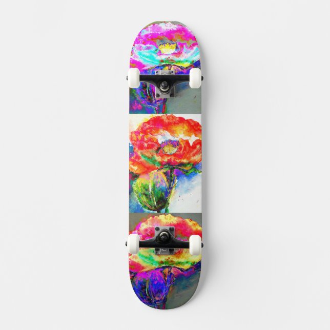 Elegant red abstract floral watercolor painting skateboard (Front)