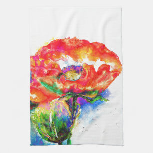 Elegant red abstract floral watercolor painting tea towel