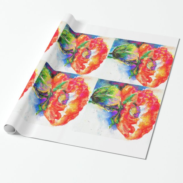 Elegant red abstract floral watercolor painting wrapping paper (Unrolled)