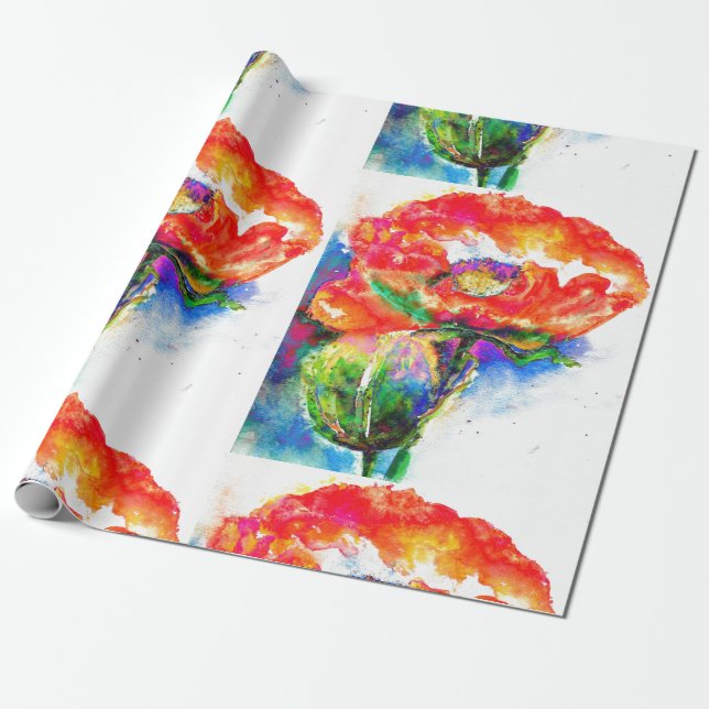 Elegant red abstract floral watercolor painting wrapping paper (Unrolled)
