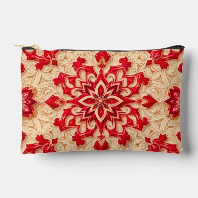Elegant Red and Beige Ornamental Pattern Accessory Pouch (Front)