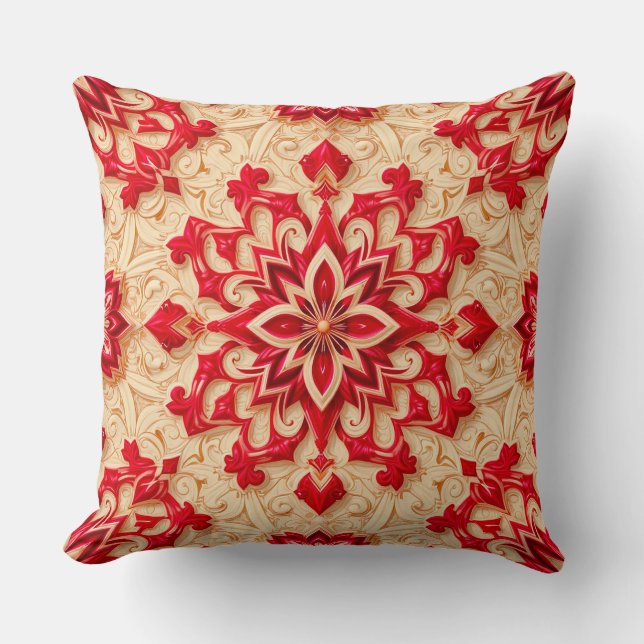 Elegant Red and Beige Ornamental Pattern Cushion (Front)