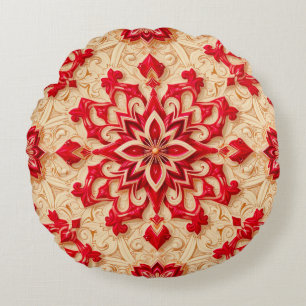 Elegant Red and Beige Ornamental Pattern Round Cushion