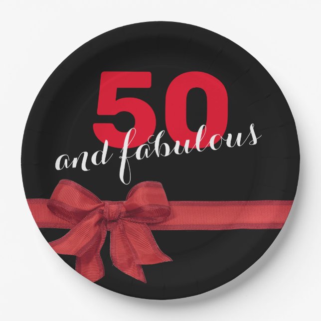 Elegant Red and Black 50th Birthday Party Paper Plate (Front)