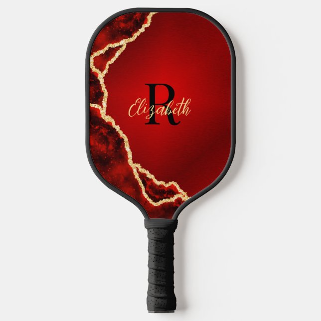 Elegant Red and Black Agate Monogrammed Pickleball Paddle (Front)