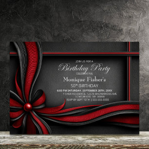 Elegant Red and Black Bow 50th Birthday Party Invitation