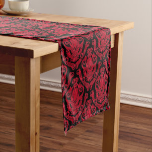 Elegant Red and Black Damask Print Short Table Runner