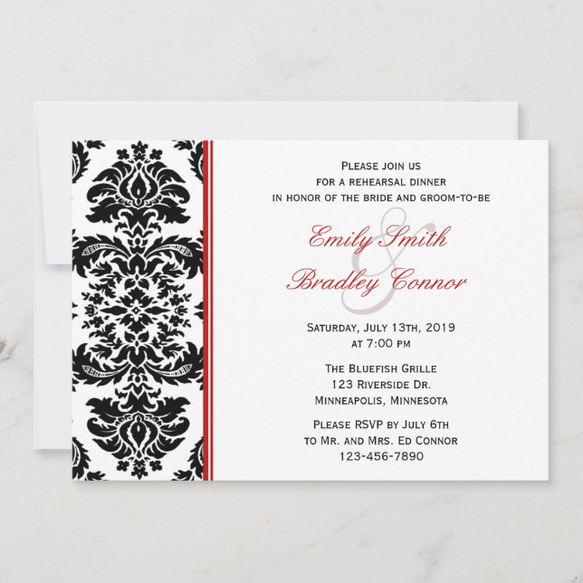 Elegant Red and Black Damask Rehearsal Dinner Invitation (Front)
