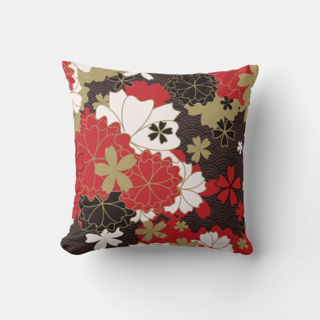 Elegant Red and Black Floral Pattern Cushion (Front)