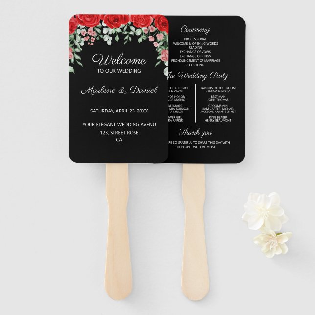 Elegant Red And Black Floral Wedding program  Hand Fan (Front and Back)