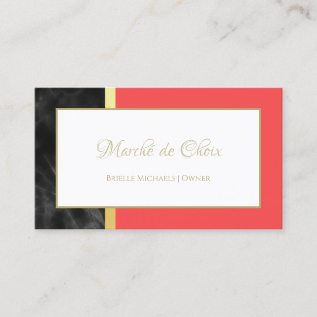 Elegant Red and Black Marble Gold Script Boutique Business Card (Front)