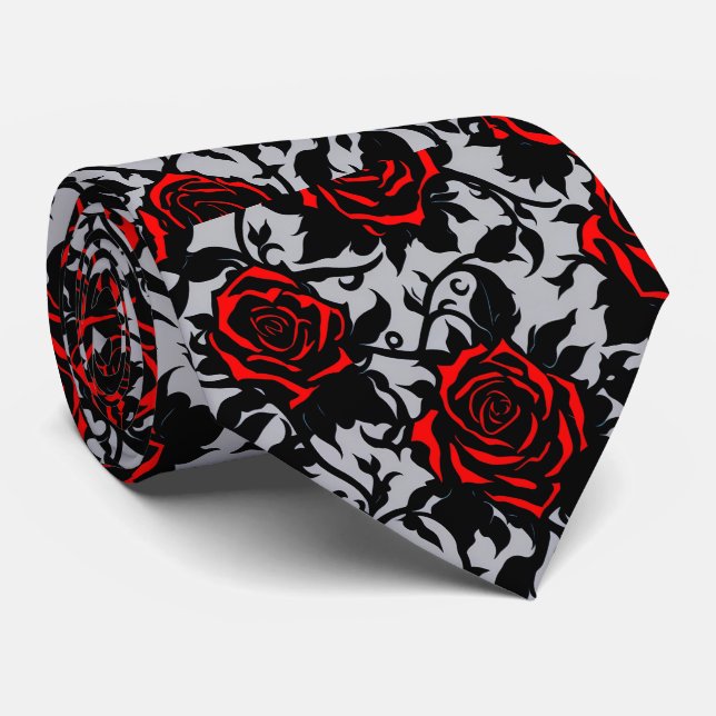 Elegant Red and Black Roses Tie (Rolled)