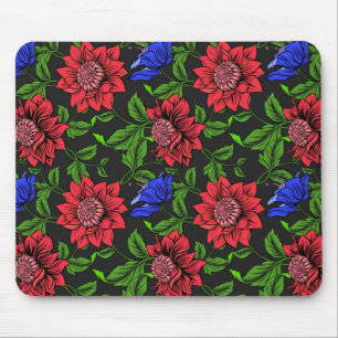Elegant Red And Blue Flower Black Background Mouse Mat