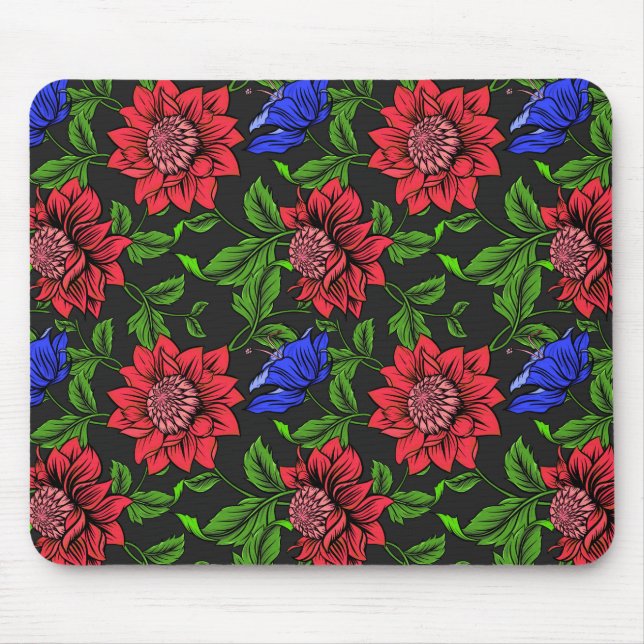 Elegant Red And Blue Flower Black Background Mouse Mat (Front)