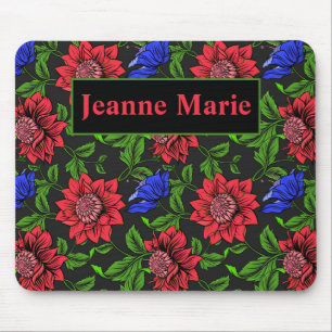 Elegant Red And Blue Flower Black Background Mouse Mat