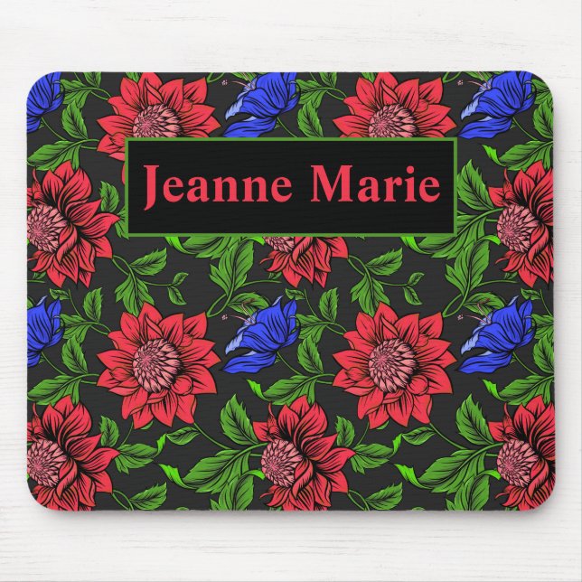 Elegant Red And Blue Flower Black Background Mouse Mat (Front)