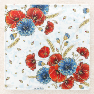Elegant Red and Blue Remembrance Poppies  Glass Coaster