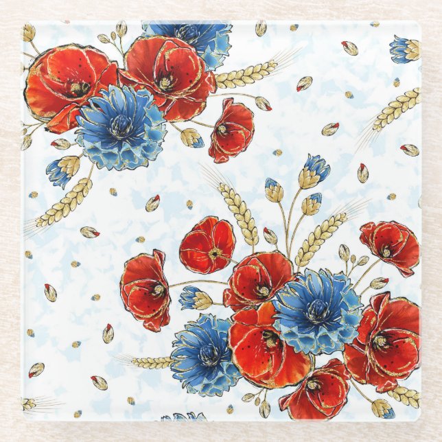 Elegant Red and Blue Remembrance Poppies  Glass Coaster (Front)