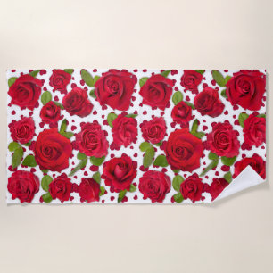 Elegant Red And Dark Pink Floral Roses Pattern Beach Towel