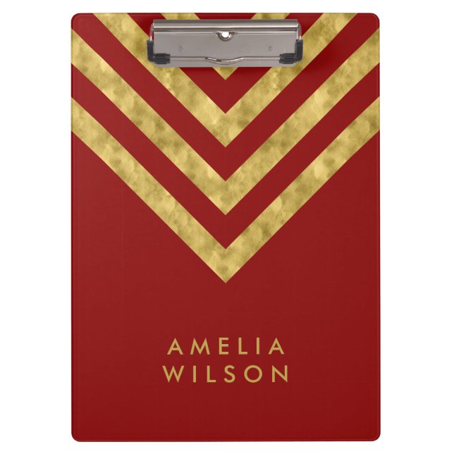 Elegant Red and Faux Gold Chevron Name Clipboard (Front)