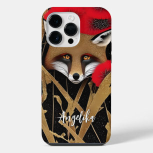 Elegant Red and Gold Abstract Fox with Custom Name iPhone 14 Pro Max Case
