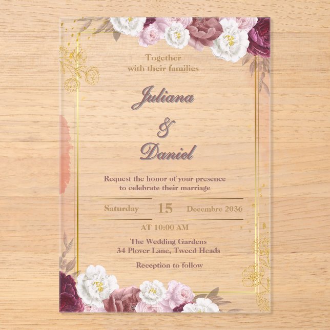 Elegant Red and Gold Acrylic Wedding Invitations (Front)