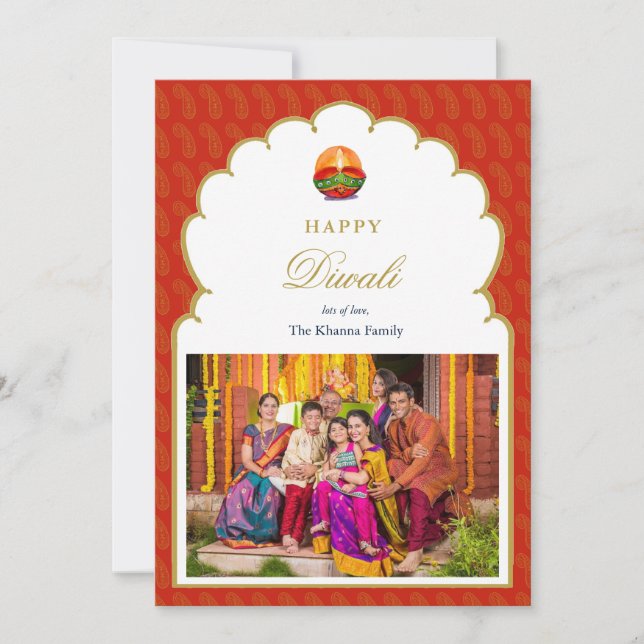 Elegant Red and Gold Arch frame Photo Diwali Card  (Front)