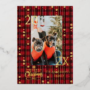 Elegant Red and Gold Buffalo Plaid Christmas  Foil Holiday Card
