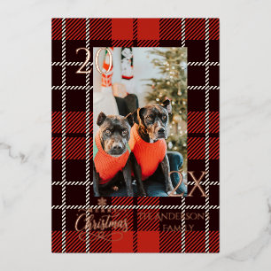 Elegant Red and Gold Buffalo Plaid Christmas  Foil Holiday Card